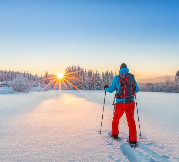 A person with hiking poles wearing snowshoes walks through fluffy snow.