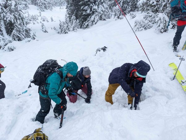 A group of people wearing winter gear dig a hole in the snow with shovels while practicing their avalanche compaion rescue.